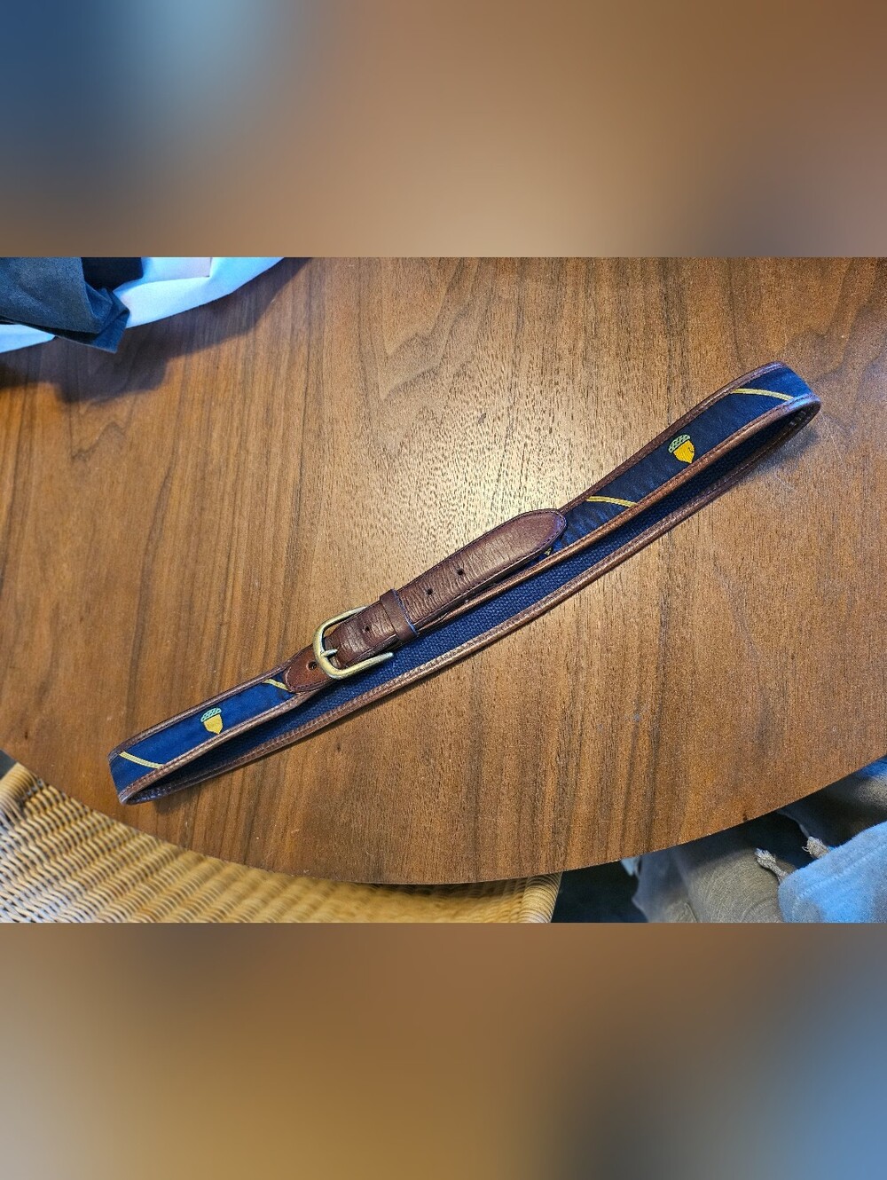 YRI Brown Leather and Navy Blue Silk Fabric Oak Acorn Logo Men’s Belt XL